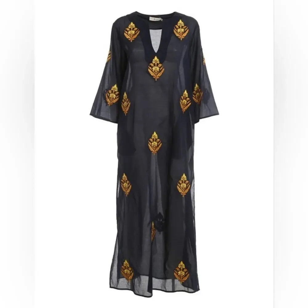 Tory Burch Embroidered Cotton Caftan‎ Size Small Navy Blue NEW Without Tag